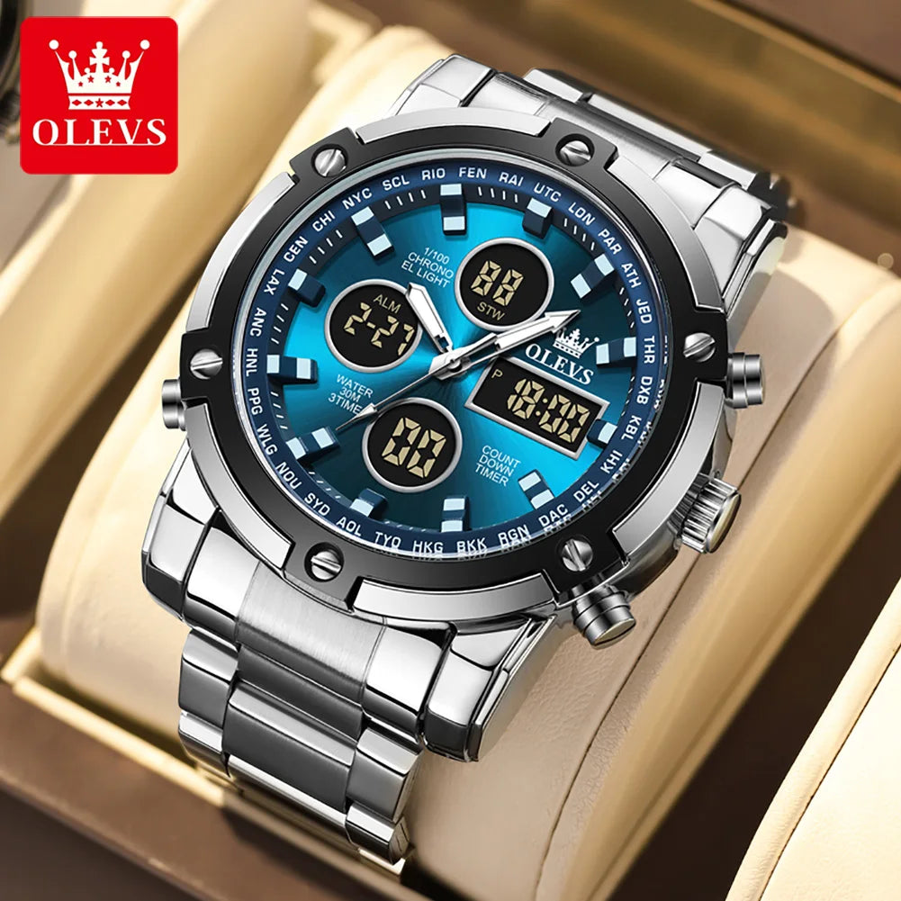 Montre pour homme OLEVS – Montre-bracelet à quartz, étanche, en acier inoxydable, avec affichage LED – Style sportif et tendance (modèle 1106)