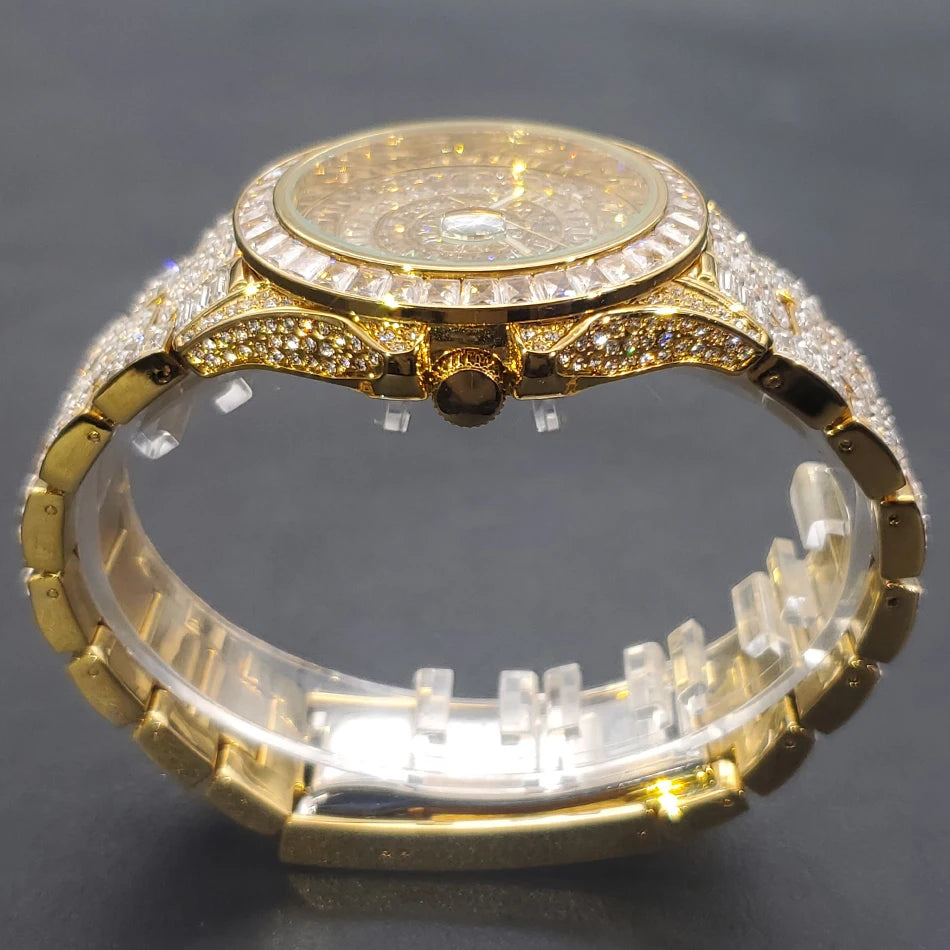 Full Iced Out Watches For Men Luxury Handmade Mosaic Diamond Silver Steel Watch Fashion Hip Hop Silver Automatic Date Male Clock