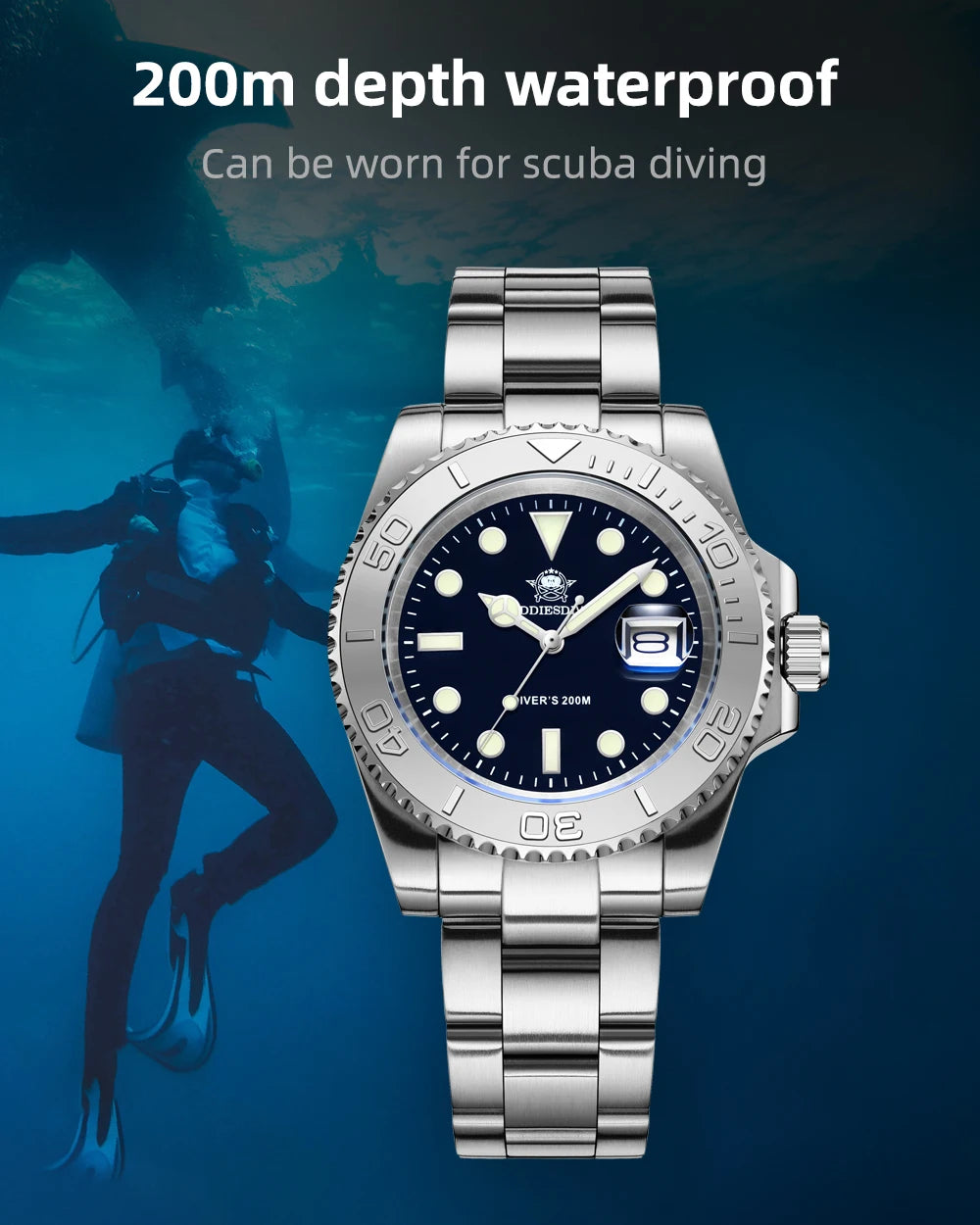ADDIESDIVE Men's Quartz Watch 200m Waterproof Ceramic Bezel Steel Watch Magnifying Mirror Glass BGW9 Blue Luminous Diving Watch