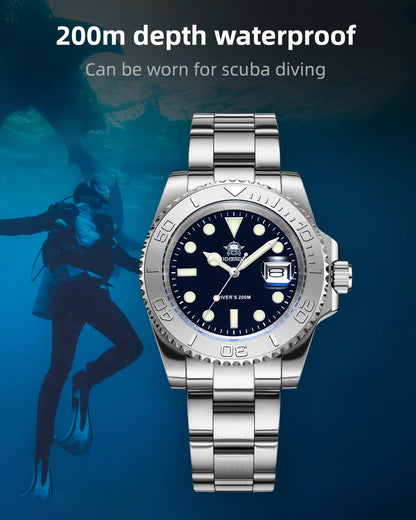 ADDIESDIVE Men's Quartz Watch 200m Waterproof Ceramic Bezel Steel Watch Magnifying Mirror Glass BGW9 Blue Luminous Diving Watch