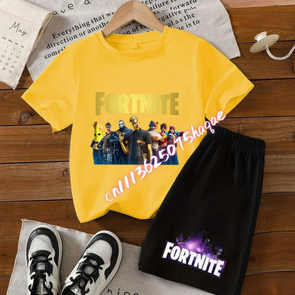 Sommerliches Fortnite-Kinder-Set: T-Shirt und Shorts, 2-teilig, Anime-Design, kurzärmelig, aus Baumwolle, lässige Sportbekleidung, Geschenkidee