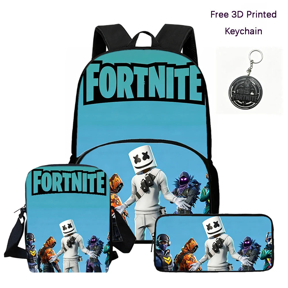FORTNITE 3Pcs Lightweight Backpack With Front Pocket,Crossbody Bag&Pencil Case For Age 6-10 Boys Girls,Free 3D Printed Keychain