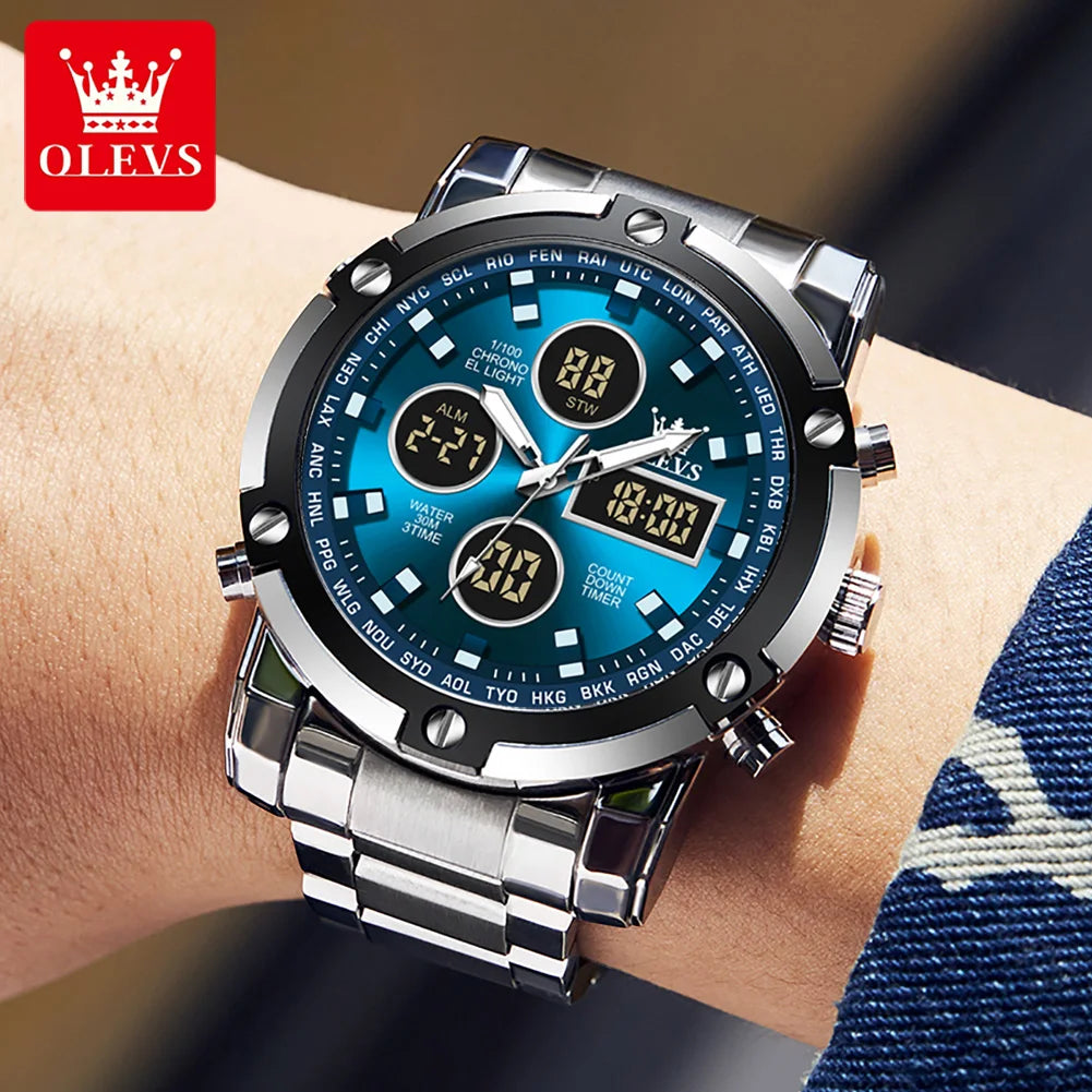 Montre pour homme OLEVS – Montre-bracelet à quartz, étanche, en acier inoxydable, avec affichage LED – Style sportif et tendance (modèle 1106)