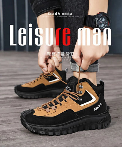 Black And Tan Mid Top Hiking Boots Suede And Leather Platform Sneakers Non Slip Outdoor Casual Shoes With Rugged Sole For All