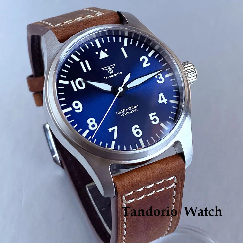 Tandorio 39mm Luxury Pilot Style Automatic Mechanical Men Watch For Miyota 8215 Movement 20ATM Luminous Diver Wristwatch Leather