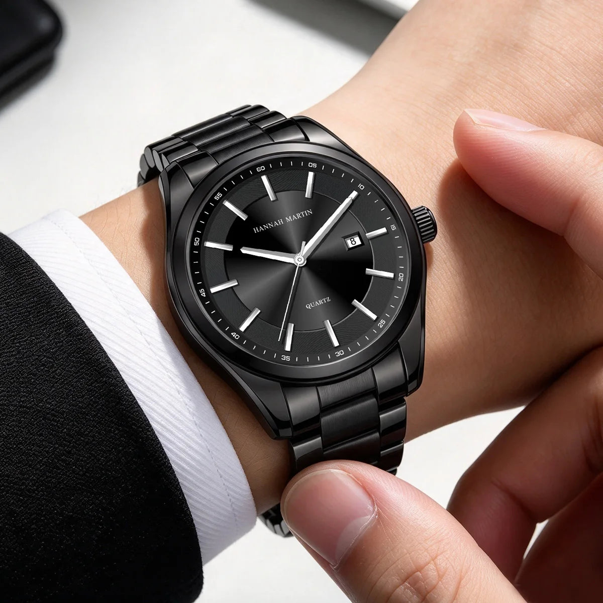 Kvartzové hodinky HANNAH MARTIN, 40 mm, pánske, náramok z čiernej nehrdzavejúcej ocele, vodotesné do 3 barov, štýl sport-chic