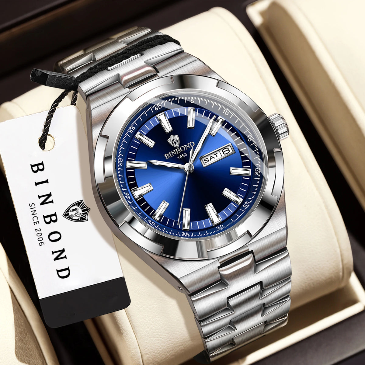 Relojes de cuarzo BINBOND de acero inoxidable para hombre – Reloj de lujo, resistente al agua y luminiscente – Modelo original para hombre