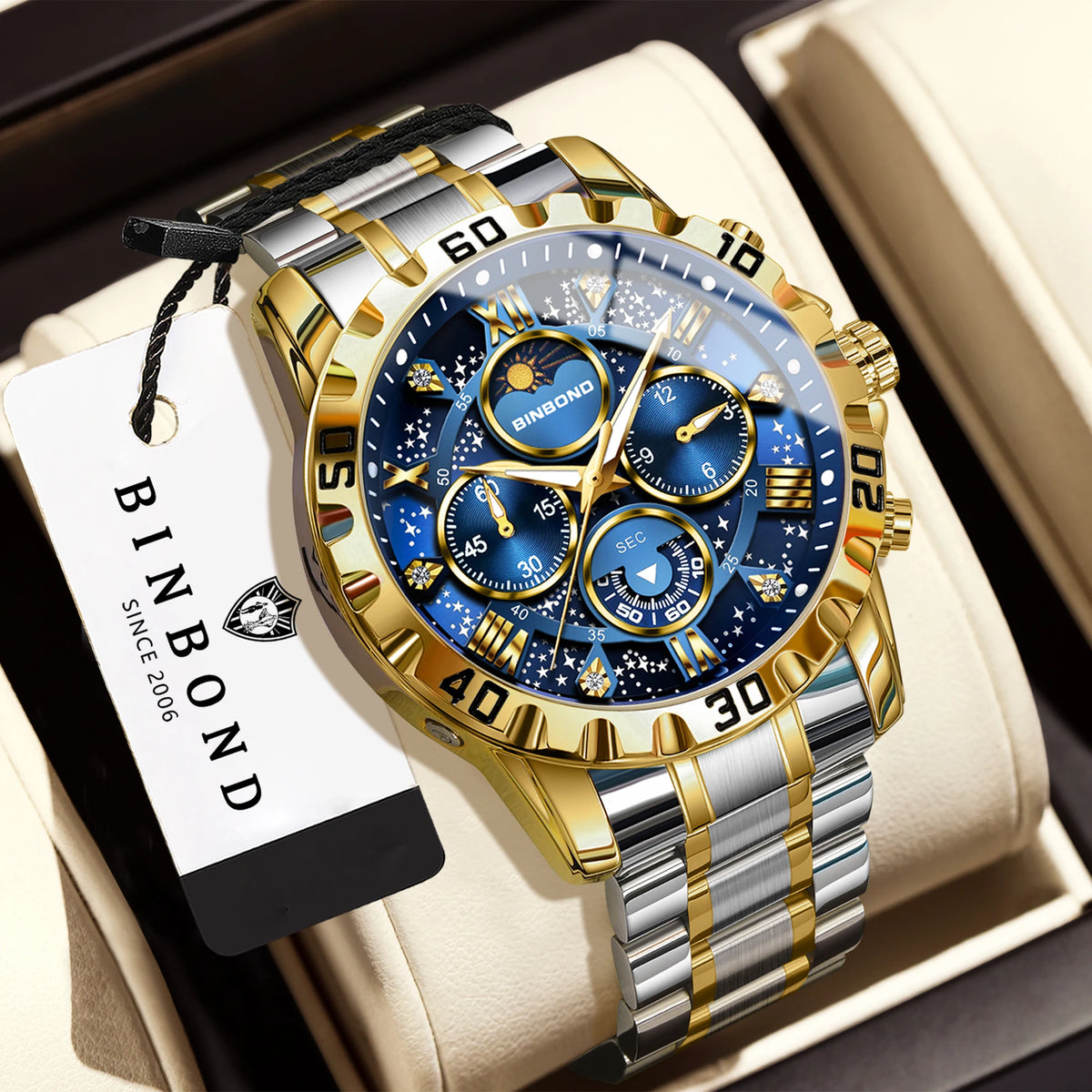Montres à quartz de marque originale BINBOND pour hommes, montre chronographe de luxe lumineuse en acier inoxydable pour hommes, montre élégante pour hommes