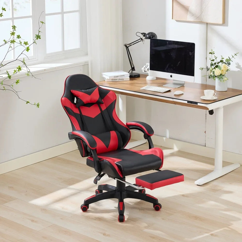 360 ° - Swivel Ergonomic Racing Design Gaming Chair Leather, Headrest and Lumbar Support for Office and Gaming - Black&Red