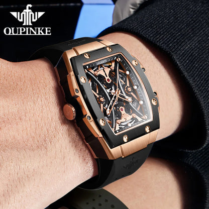 OUPINKE Men's Watches Classic Luxury Tonneau Dial Top Brand Original Automatic Mechanical Wristwatch Silicone Strap Sapphire New
