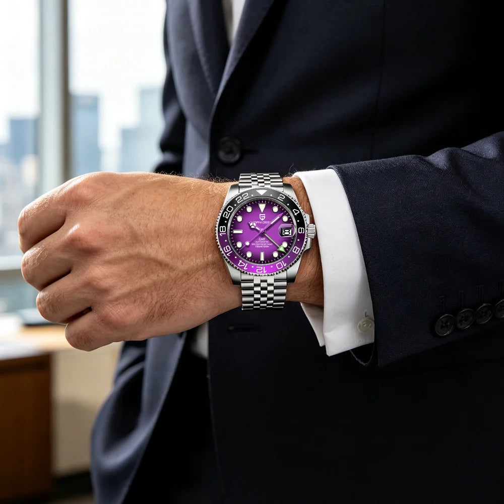 Montre mécanique pour homme Pagani Design GMT – Modèle de luxe avec verre saphir, boîtier en acier inoxydable et lunette en céramique – Montre automatique pour homme, style professionnel