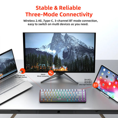 New 68% Three-Mode Wired/Wireless/Bluetooth Gaming Keyboard Gradual Change Gray RGB Backlight