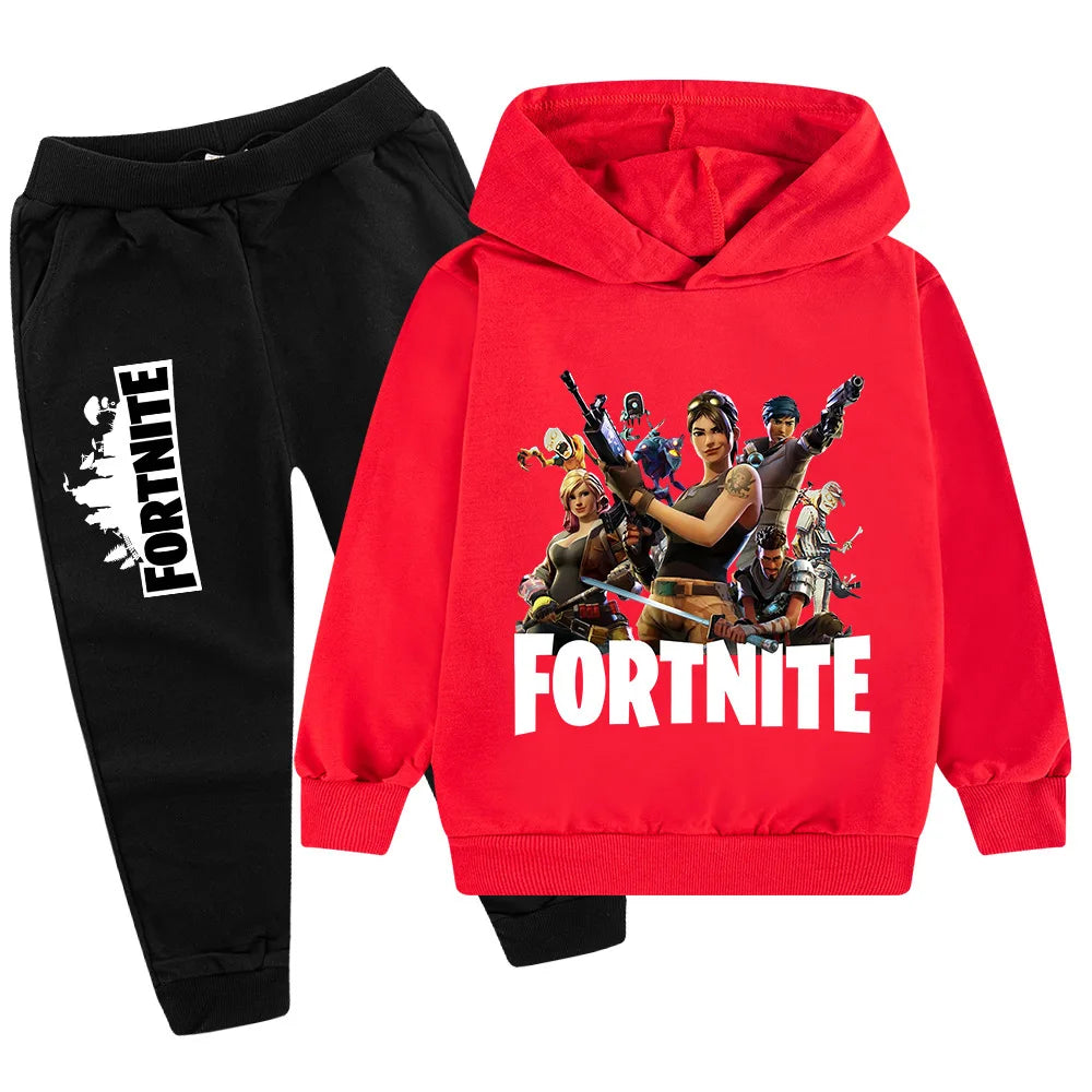 Fortnite-Game-Print-Kinderset, Hoodie im Cartoon-Stil, bequemer 2-teiliger Anzug mit lockerem Langarm-Oberteil und Hose, Herbst-/Winterkleidung