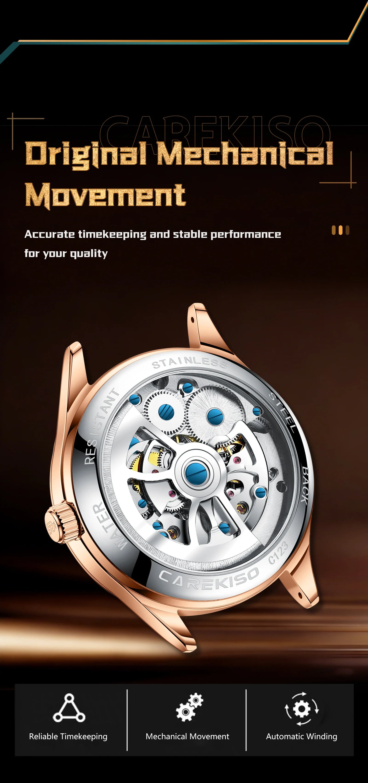 CAREKISO Fashion Men Clock Double Hollow Tourbillon Automatic Mechanical Man Watch Waterproof Luminous Leather Men's Watches+Box