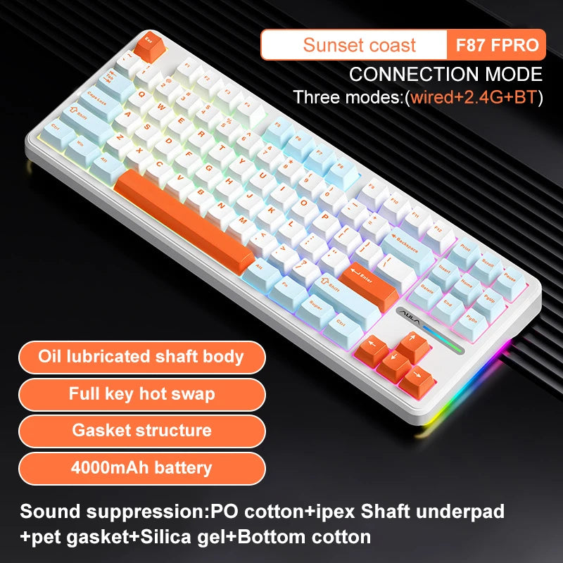 Original AULA F87 Pro Mechanical Keyboard Wireless USB Bluetooth Tri Mode 87 Key Rgb Pbt Gasket Laptop Gamer PC Gaming Keyboards