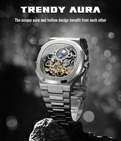 2026 High-end Luxury SKROX Square Man Watch Sapphire Stainless Steel Skeleton Moon Phase Classic Automatic Movement Male Watches