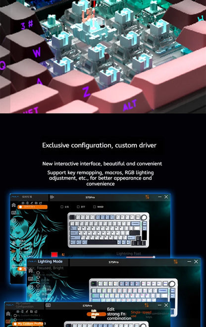 AULA S75 PRO Mechanical Keyboard 75% Custom Layout RGB Backlight Wireless Bluetooth Gaming Keyboard with Screen Knob
