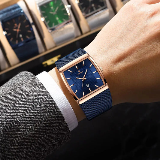 Reloj para hombre POEDAGAR, modelo de lujo, correa de malla de acero inoxidable, indicador de fecha, resistente al agua, agujas luminiscentes, estilo informal, caja rectangular, movimiento de cuarzo.