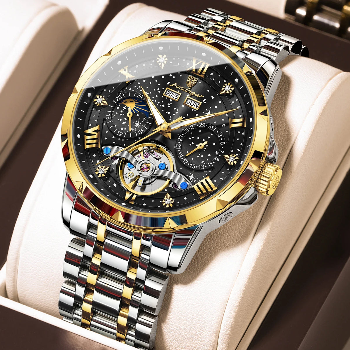 Montre mécanique automatique pour homme POEDAGAR – Modèle haut de gamme, boîtier en acier inoxydable, calendrier, tourbillon apparent
