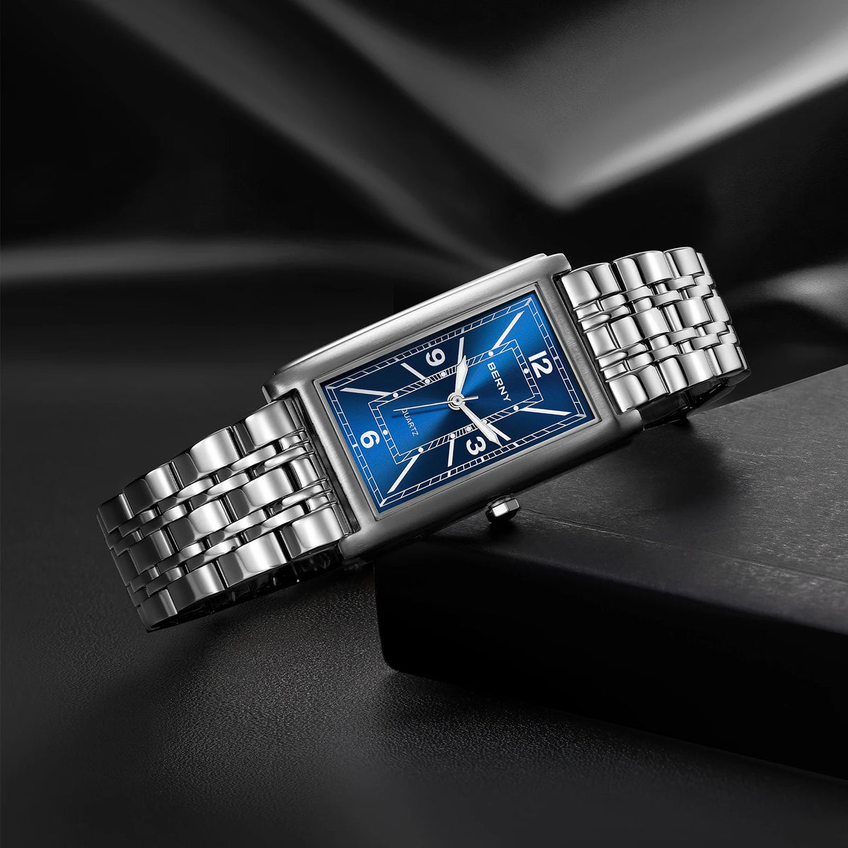 Reloj cuadrado para hombre BERNY – Movimiento de cuarzo, esfera con números romanos, indicación luminiscente, caja de acero inoxidable 316L – Reloj rectangular elegante y desenfadado
