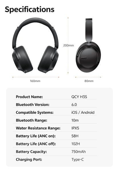 QCY H3S ANC Over Ear Headphones -56dB Noise Cancelling Headsets Bluetooth 6.0 Hi-Res LDAC Spatial Sound Earphones Dual Driver