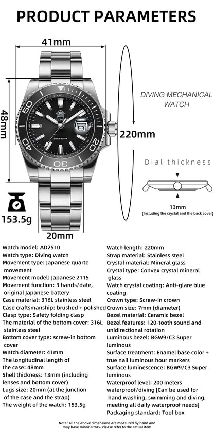 ADDIESDIVE New AD2510 Luxury Men's Diving Watch 41mm BGW9 Luminous Enamel Dial Screw-down Crown Durable Stainless Steel Strap