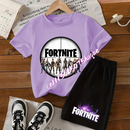 Sommerliches Fortnite-Kinder-Set: T-Shirt und Shorts, 2-teilig, Anime-Design, kurzärmelig, aus Baumwolle, lässige Sportbekleidung, Geschenkidee