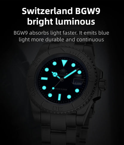 ADDIESDIVE Men's Quartz Watch 200m Waterproof Ceramic Bezel Steel Watch Magnifying Mirror Glass BGW9 Blue Luminous Diving Watch