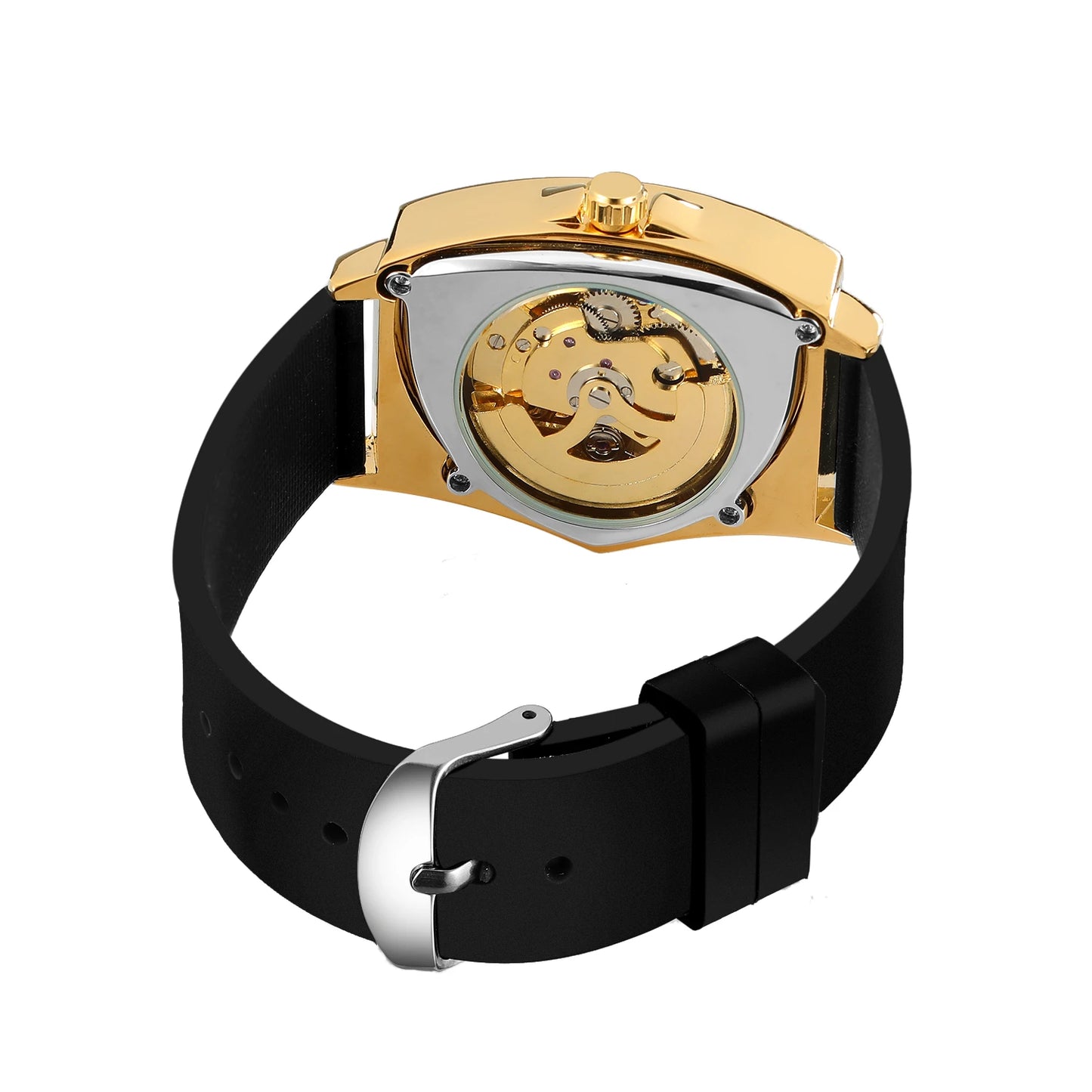 WINNER High Quality Watch for Men Triangle Steel Skeleton Mechanical Automatic Movement Clockwork Waterproof Rubber strap Wrist