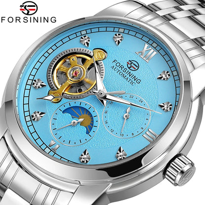 Montre mécanique automatique pour homme Forsining – Style luxe, business et mode, bracelet en métal, tourbillon, aiguilles luminescentes, ornée de diamants artificiels