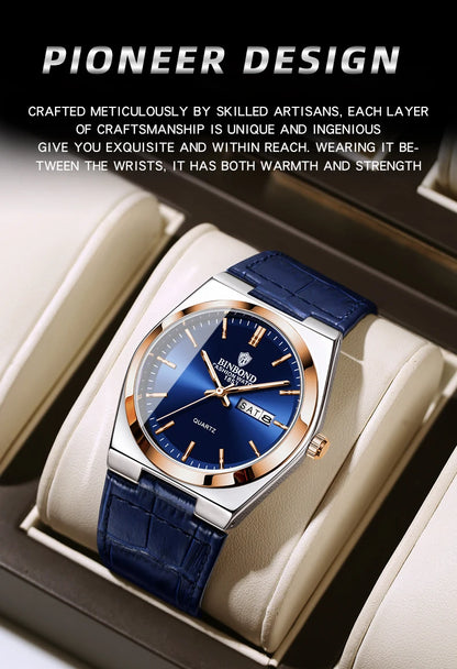 BINBOND Luxury leather strap quartz wristwatches precise luminous waterproof auto date week display durable men's watch reloj