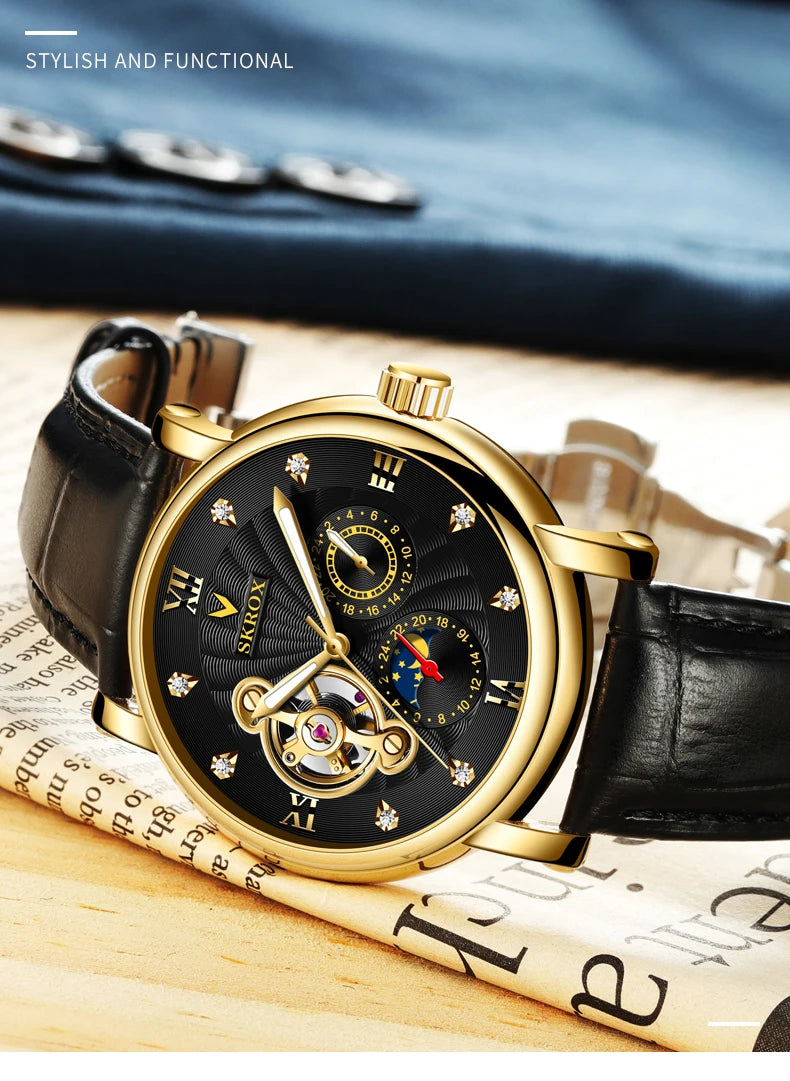 Montre mécanique automatique de luxe pour homme, signée par une grande marque, dotée d'un tourbillon, d'une phase de lune et de diamants – une montre-bracelet élégante.