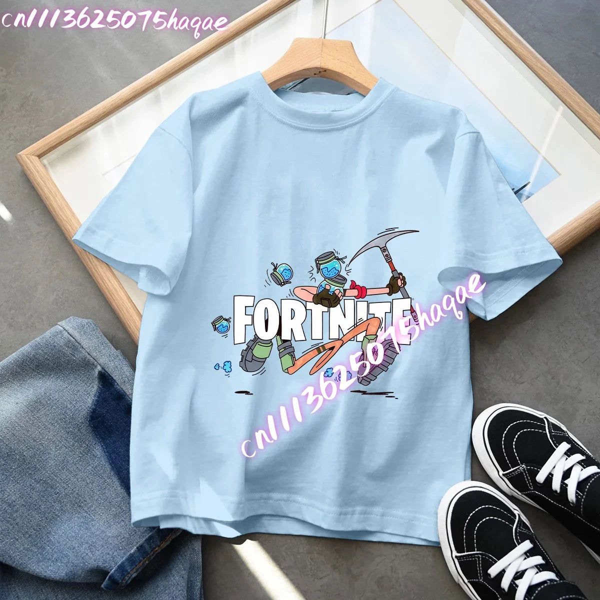 Camiseta azul de algodón para niños Fortress Night, manga corta, diseño kawaii de dibujos animados para niño y niña, ropa de verano, regalo