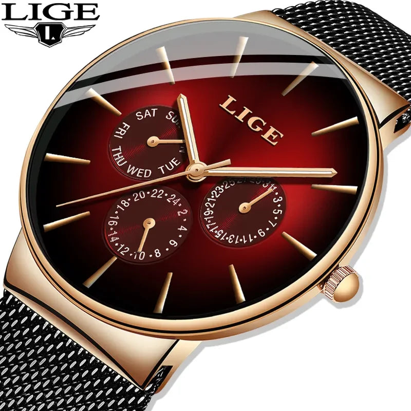 Reloj de mujer LIGE, elegante y a la última: estilo deportivo e informal, correa de malla, mecanismo de cuarzo, indicador de fecha y día, resistente al agua.