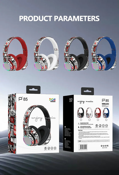 P85 Graffiti Wireless Headset Bluetooth 5.3 Gamer Headphones with Microphone Overhead Headphone with LED Light Foldable FM Radio