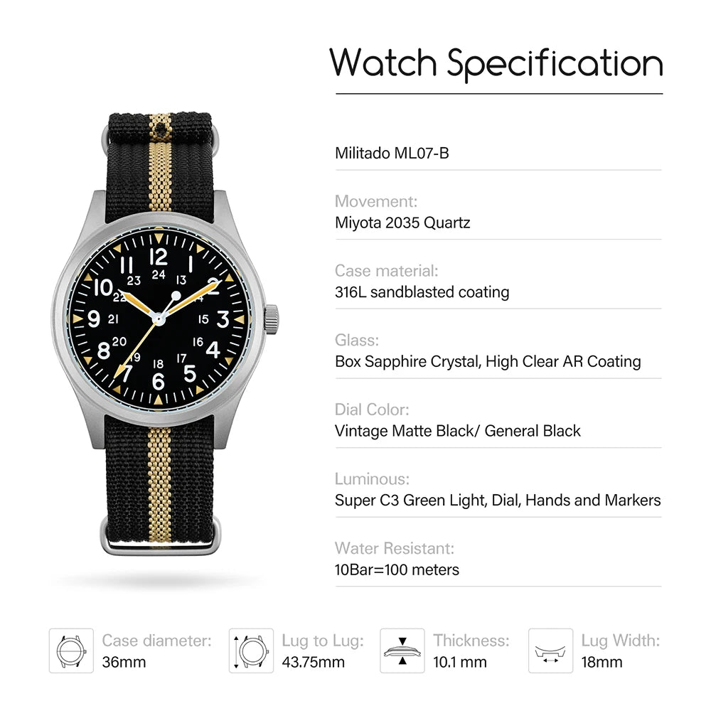 Militado ML07 Quartz Watches VH31/Miyota 2035 Movement Domed Sapphire Crystal Military Watch 100m Waterproof Luminous Mens Watch