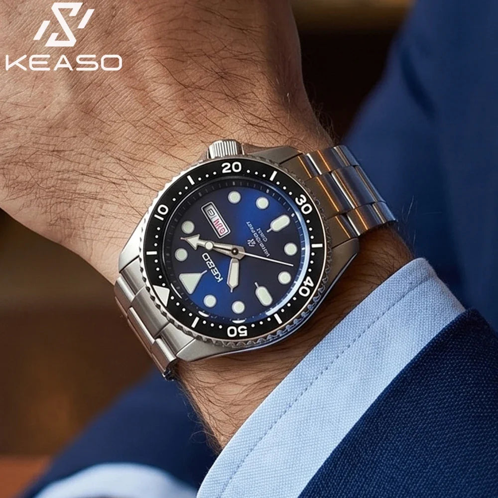 KEASO Top Men's Dive Watch C3 Super Luminous 316L Solid Steel 20Bar Waterproof Sapphire Mirror MIYOTA 2035 Quartz Movement Watch
