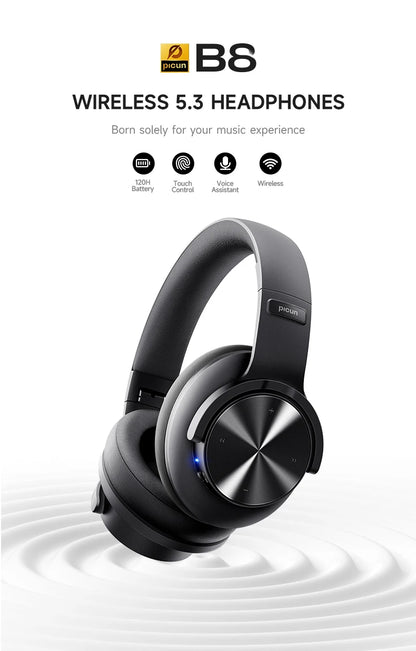 Picun B8 Wireless Bluetooth Headphones – 120H Playtime, Bluetooth 5.3, Low Latency Gaming Headset with Microphone & Deep Bass Sound