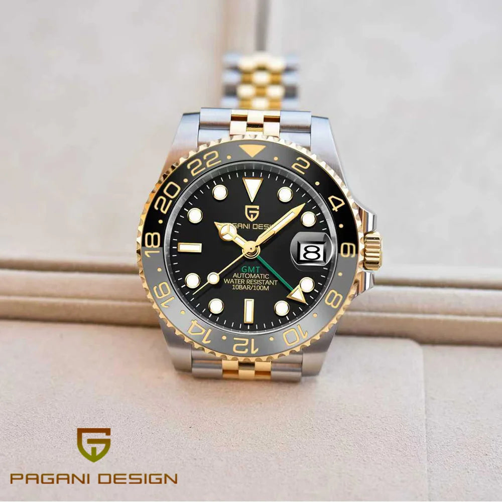 Montre mécanique pour homme Pagani Design GMT – Modèle de luxe avec verre saphir, boîtier en acier inoxydable et lunette en céramique – Montre automatique pour homme, style professionnel