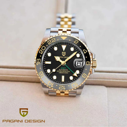 Montre mécanique pour homme Pagani Design GMT – Modèle de luxe avec verre saphir, boîtier en acier inoxydable et lunette en céramique – Montre automatique pour homme, style professionnel