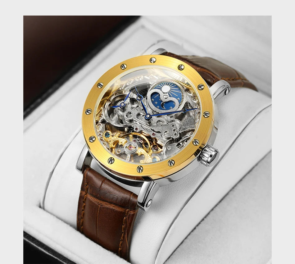 Montre-bracelet mécanique automatique SKROX pour homme, modèle squelette avec fonction GMT, phase de lune et tourbillon – Montre de luxe haut de gamme, élégante et originale.