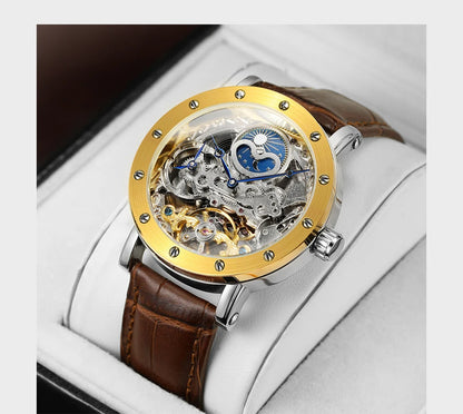 Montre-bracelet mécanique automatique SKROX pour homme, modèle squelette avec fonction GMT, phase de lune et tourbillon – Montre de luxe haut de gamme, élégante et originale.