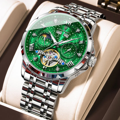 Montre mécanique automatique pour homme POEDAGAR – Modèle haut de gamme, boîtier en acier inoxydable, calendrier, tourbillon apparent