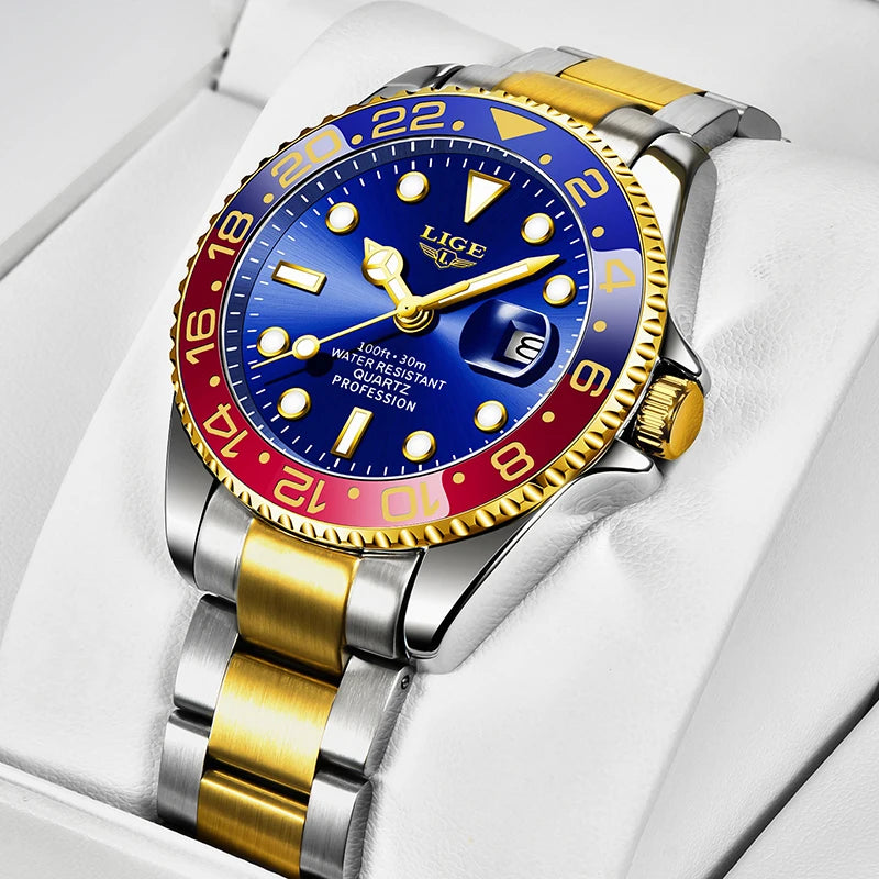 Reloj para hombre LIGE: cronógrafo de cuarzo, resistente al agua, estilo informal y profesional, accesorio de moda de lujo de una gran marca.
