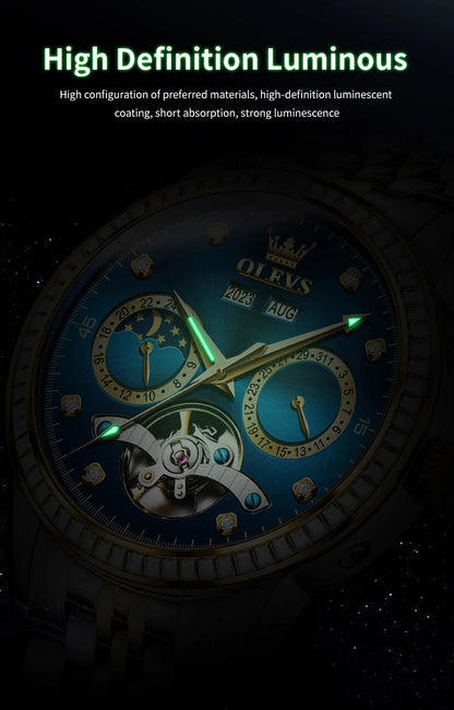 OLEVS 7016 Automatic Man Watch Stainless Steel Diamond Bezel Skeleton Flywheel Moon Phase Luminous Waterproof Mechanical Watches