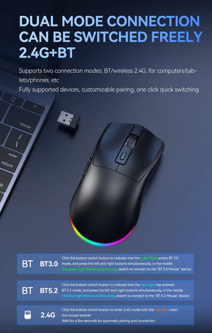 X3 Wireless Bluetooth Mouse 2.4G Dual-Mode Connection, DPI Adjustable,Lightweight Gaming Mouse,RGB Light,300mAh Battery Capacity