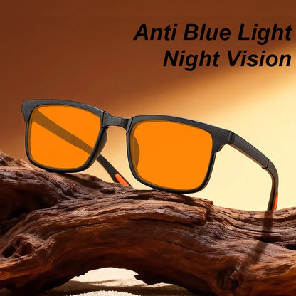 Óculos de sol retro quadrados para mulher com visão noturna, anti-luz azul, UV400; óculos para homem para jogos de computador, anti-radiação, com lentes vermelhas e laranja para dormir