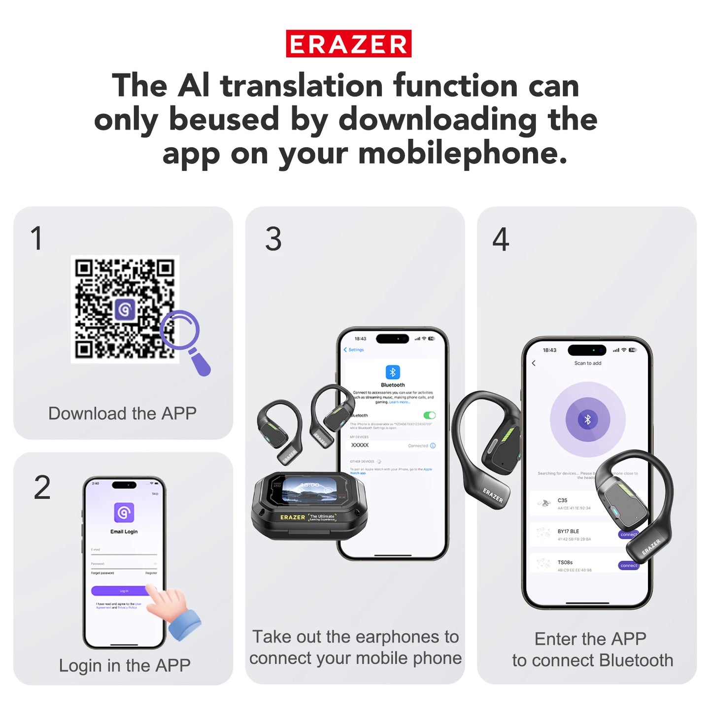 [AI Translator Earbuds]Erazer XP6 Wireless Headphones Gaming Headset Equalizer APP Bluetooth Earphones Waterproof Powerful Sound