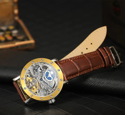 Montre-bracelet mécanique automatique SKROX pour homme, modèle squelette avec fonction GMT, phase de lune et tourbillon – Montre de luxe haut de gamme, élégante et originale.