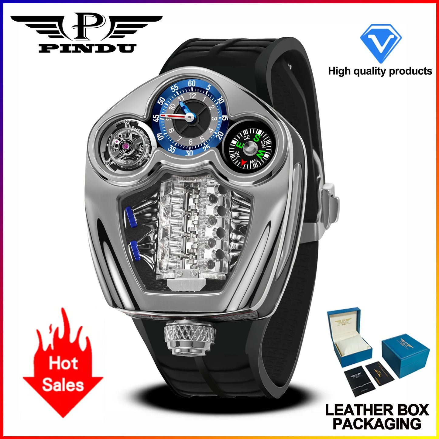 PINDU Design NEW Engine Series Quartz Watch Men's Top-Luxurious Stainless Steel Compass Waterproof Swiss Quartz 762 Movement Watch